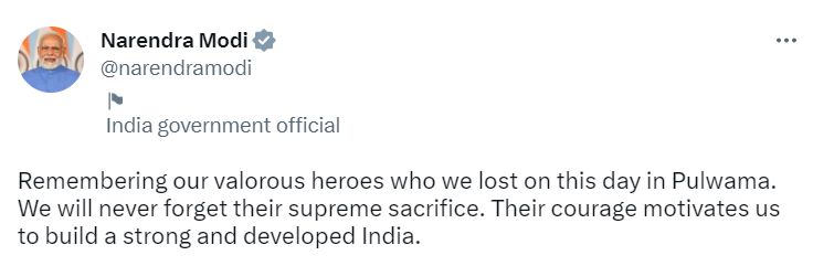 ਪ੍ਰਧਾਨ ਮੰਤਰੀ ਨਰਿੰਦਰ ਮੋਦੀ ਨੇ ਚਾਰ ਸਾਲ ਪਹਿਲਾਂ 14 ਫਰਵਰੀ ਨੂੰ ਜੰਮੂ-ਕਸ਼ਮੀਰ ਦੇ ਪੁਲਵਾਮਾ ਹਮਲੇ ਵਿਚ ਸ਼ਹੀਦ ਹੋਏ 40 ਜਵਾਨਾਂ ਨੂੰ ਕੀਤਾ ਯਾਦ 