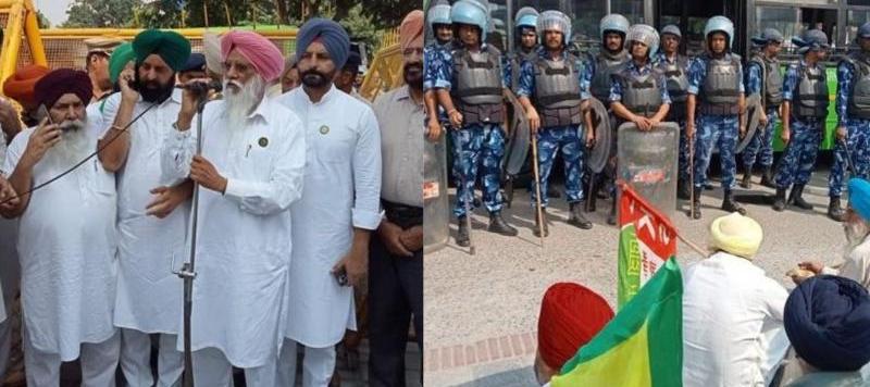 ਕਿਸਾਨਾਂ ਨੇ ਪੁਲਿਸ ਵੱਲੋਂ ਰੋਕੇ ਜਾਣ ਤੋਂ ਬਾਅਦ ਕਿਸਾਨ ਭਵਨ ਦੇ ਗੇਟ ਉੱਤੇ ਲਗਾਇਆ ਧਰਨਾ