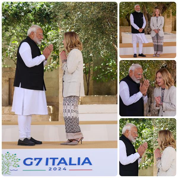 G7 ਸੰਮੇਲਨ ''ਚ PM ਮੋਦੀ ਦਾ ਇਟਲੀ ਦੀ ਪ੍ਰਧਾਨ ਮੰਤਰੀ ਮੈਲੋਨੀ ਨੇ ਨਮਸਤੇ ਕਰਕੇ ਕੀਤਾ ਸਵਾਗਤ